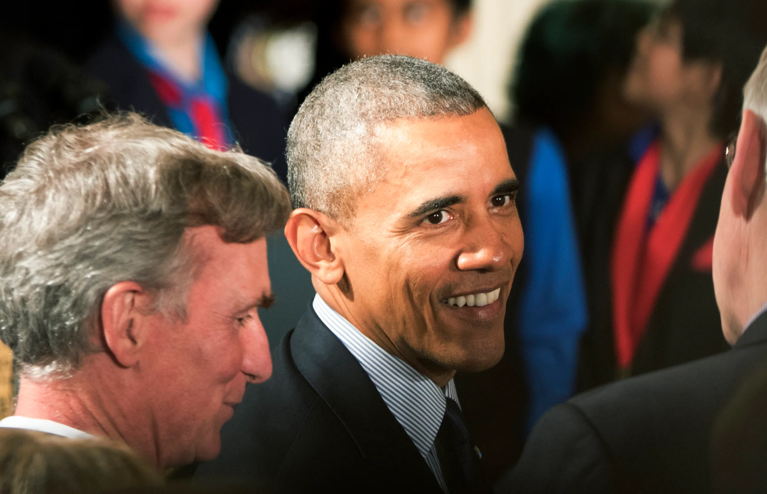 President Barack Obama chats with guests after publickly addressing at the 6th and his last White House Science Fair in Washington, D.C., on April 13, 2016.